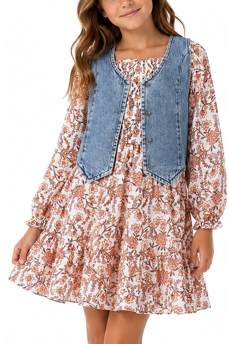 Kids' Floral Long Sleeve Dress & Denim Vest Set, Alternate, color, DENIM MULTI
