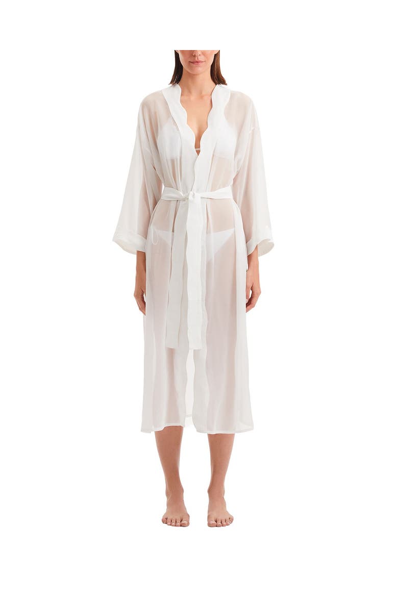Blaze Long Sleeve Wavy-Trim Belted Sheer Kaftan, Main, color, White