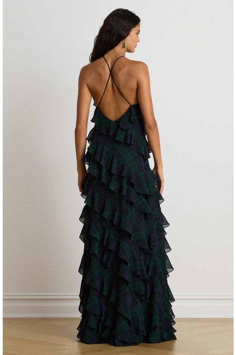 Plaid Ruffle Georgette Maxi Dress, Alternate, color, NAVY BLUE/ GREEN/ BLACK