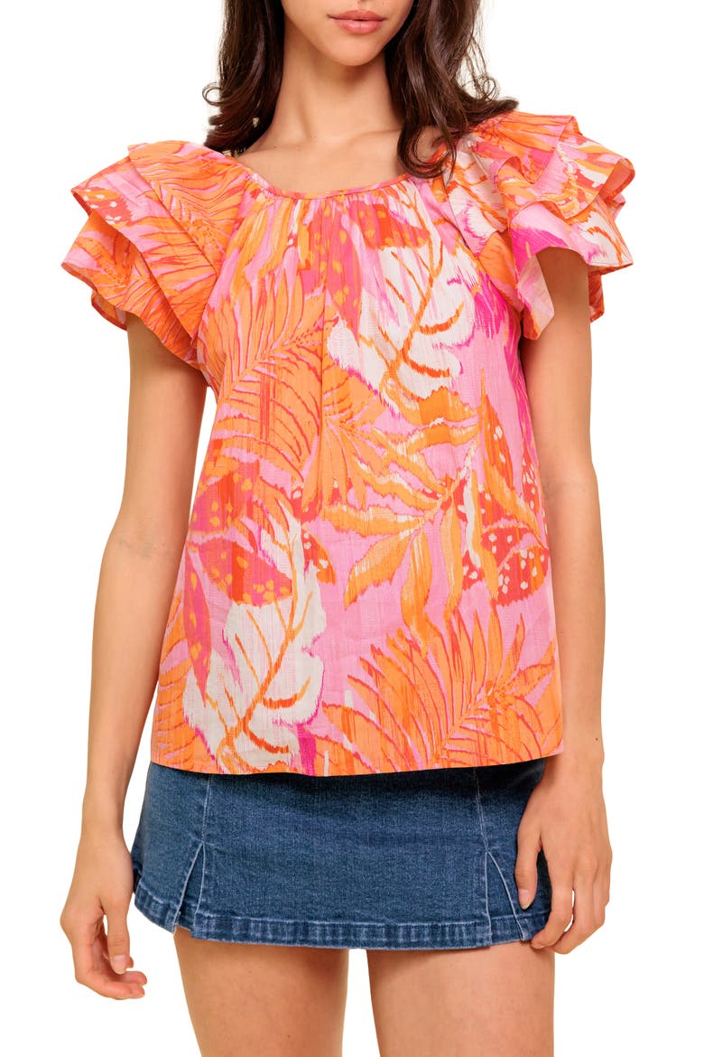 Print Woven Top, Main, color, PINK ORANGE