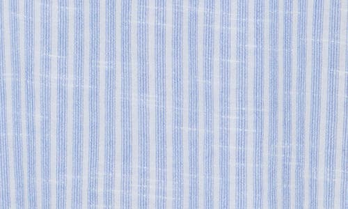 Democracy Stripe Ruffle Front Cap Sleeve Poplin Top In Navy/off White
