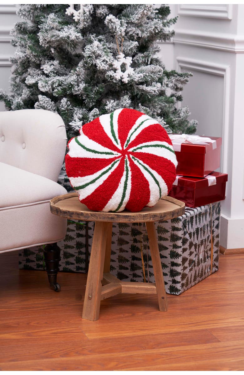 C&F Home Christmas Peppermint Shaped Hooked Pillow, Alternate, color, Red
