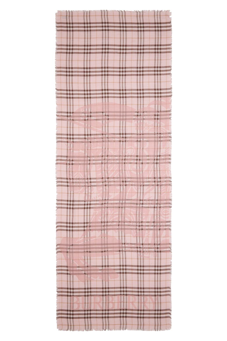 EKD Check Wool & Silk Gauze Fringe Scarf, Main, color, BOW PINK