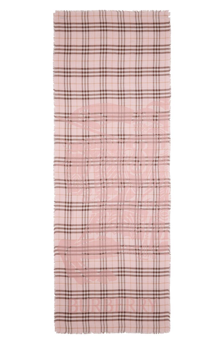Burberry EKD Check Wool & Silk Gauze Fringe Scarf, Main, color, Bow Pink