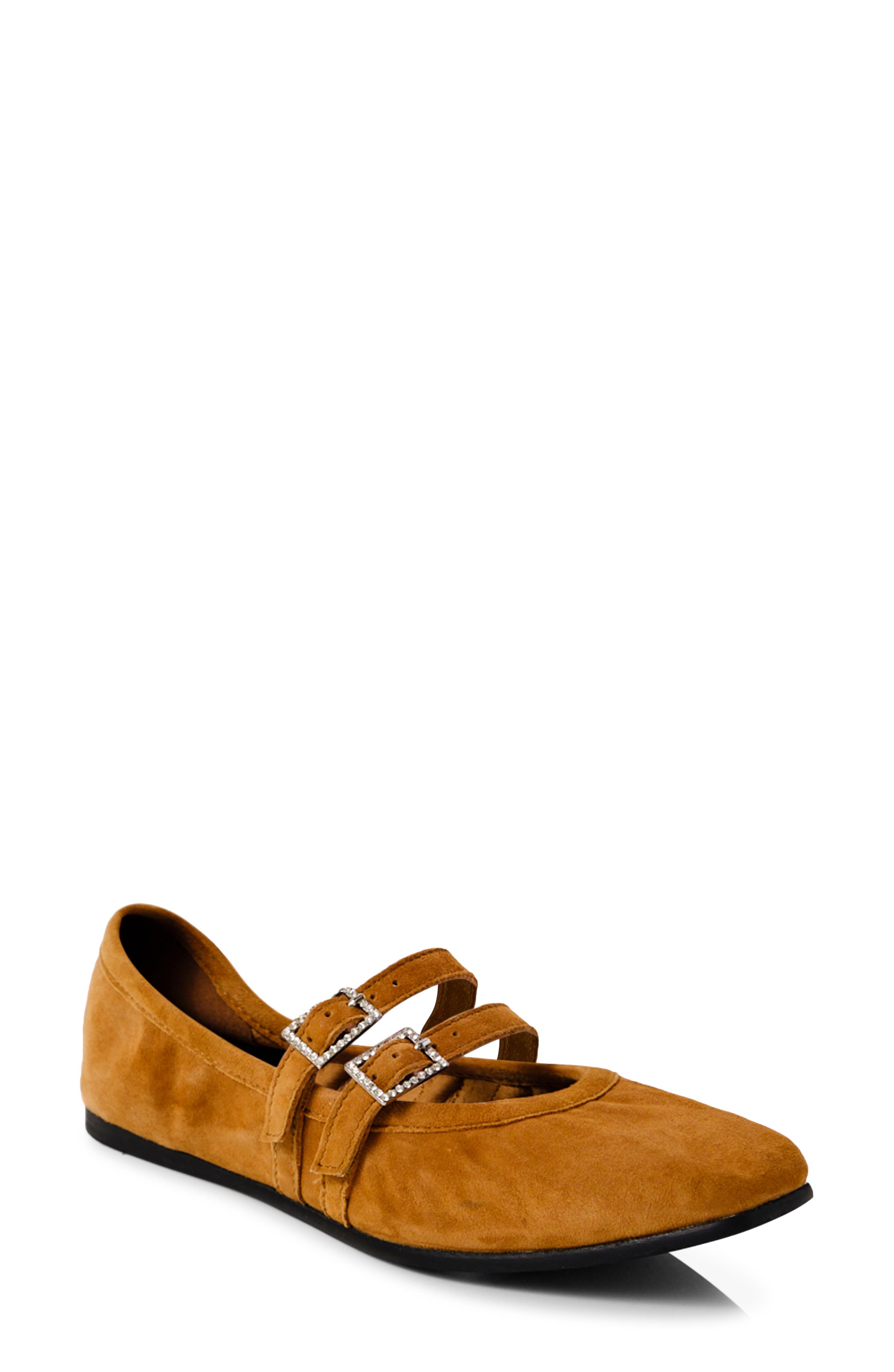 Free People Gemini Rhinestone Buckle Ballet Flat, Main, color, Burnt Caramel Suede