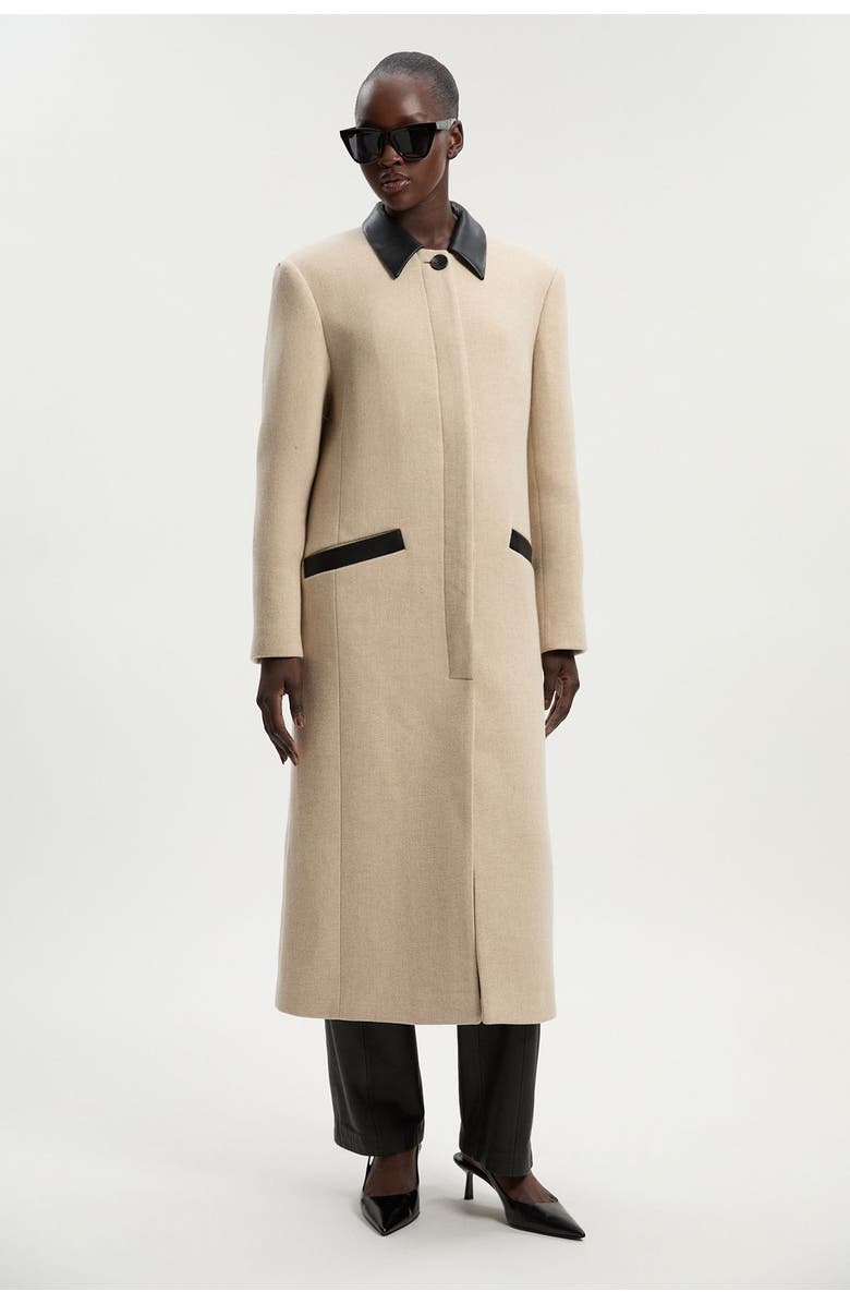 Karen Millen Wool Pu Mix Tailored Midi Coat, Main, color, Oatmeal
