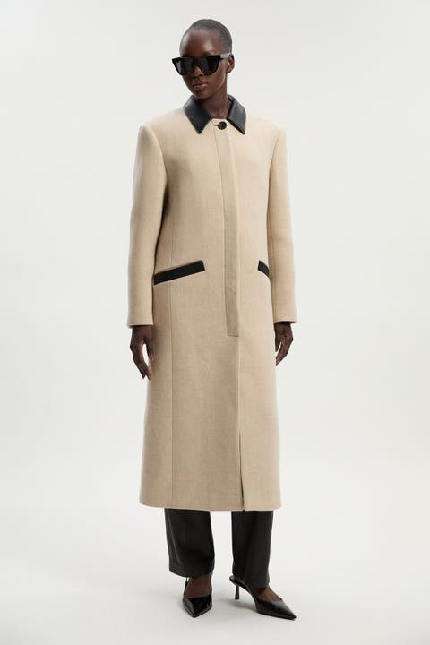 Wool Pu Mix Tailored Midi Coat