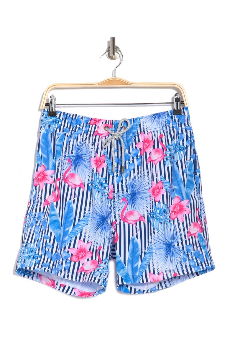 Vintage Summer Stripe Floral Drawstring Swim Trunks, Alternate, color, 