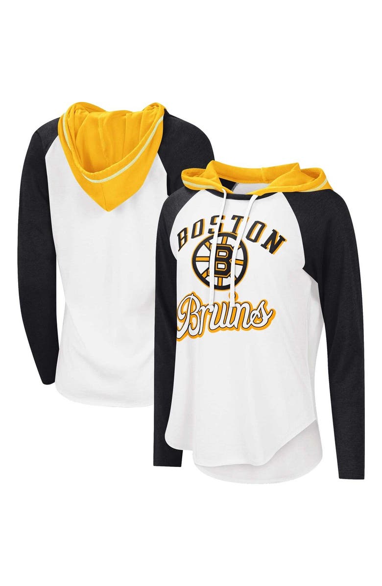 STARTER Women's G-III Sports by Carl Banks White/Heather Black Boston Bruins MVP Raglan Lightweight Hooded T-Shirt, Main, color, White