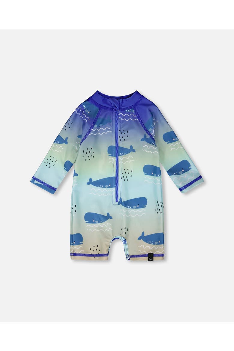 One-Piece Long Sleeve Whale Print Rashguard, Main, color, Blue Whale Print