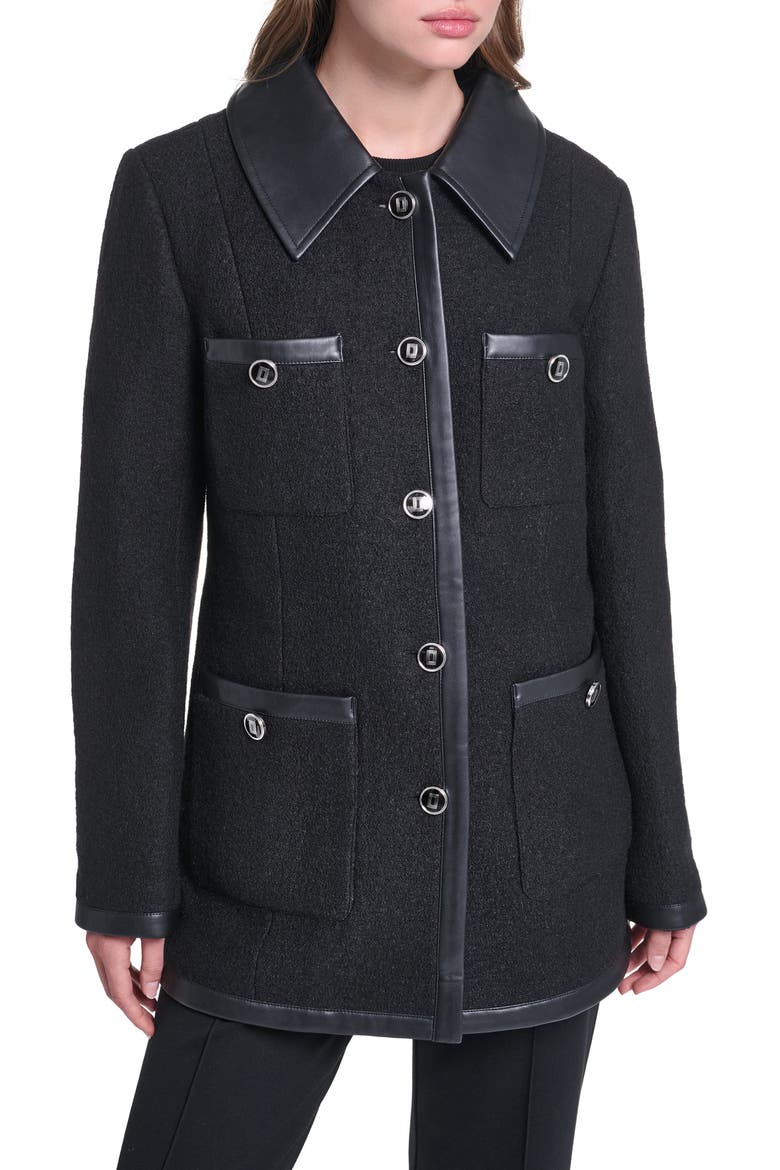 Wool Blend Jacket with Faux Leather Trim, Main, color, BLACK