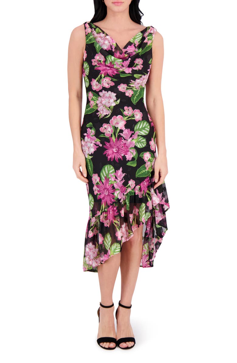 Kensie Cowl Neck Midi Dress, Main, color, Black Multi