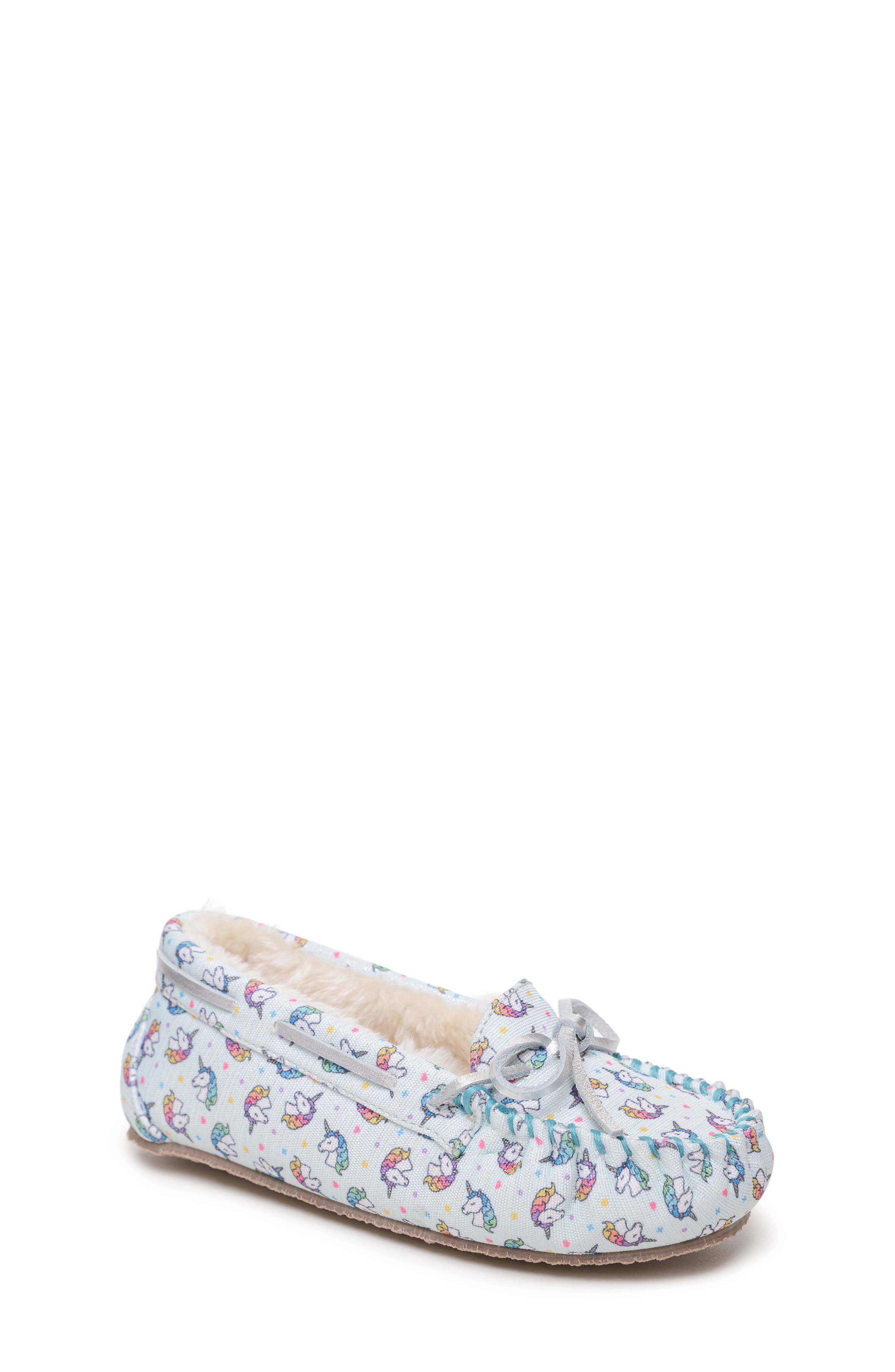 Minnetonka Unicorn Faux Fur Lined Driving Shoe, Main, color, 