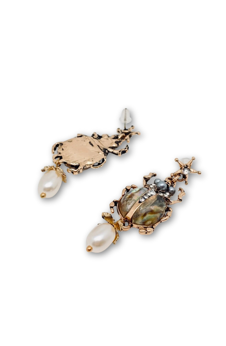 Humanist Beauty Vintage Scarab Pearl Earrings, Alternate, color, Antique Gold / Iridescent