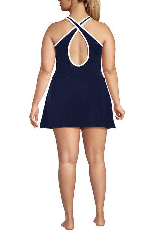 Lands' End Chlorine Resistant Tugless High Neck Swim Dress One Piece Swimsuit In Blue
