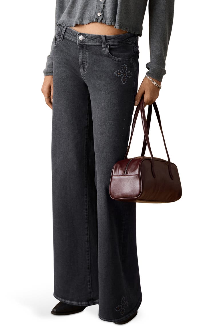 Studded Low Rise Wide Leg Jeans, Main, color, BLACK DENIM