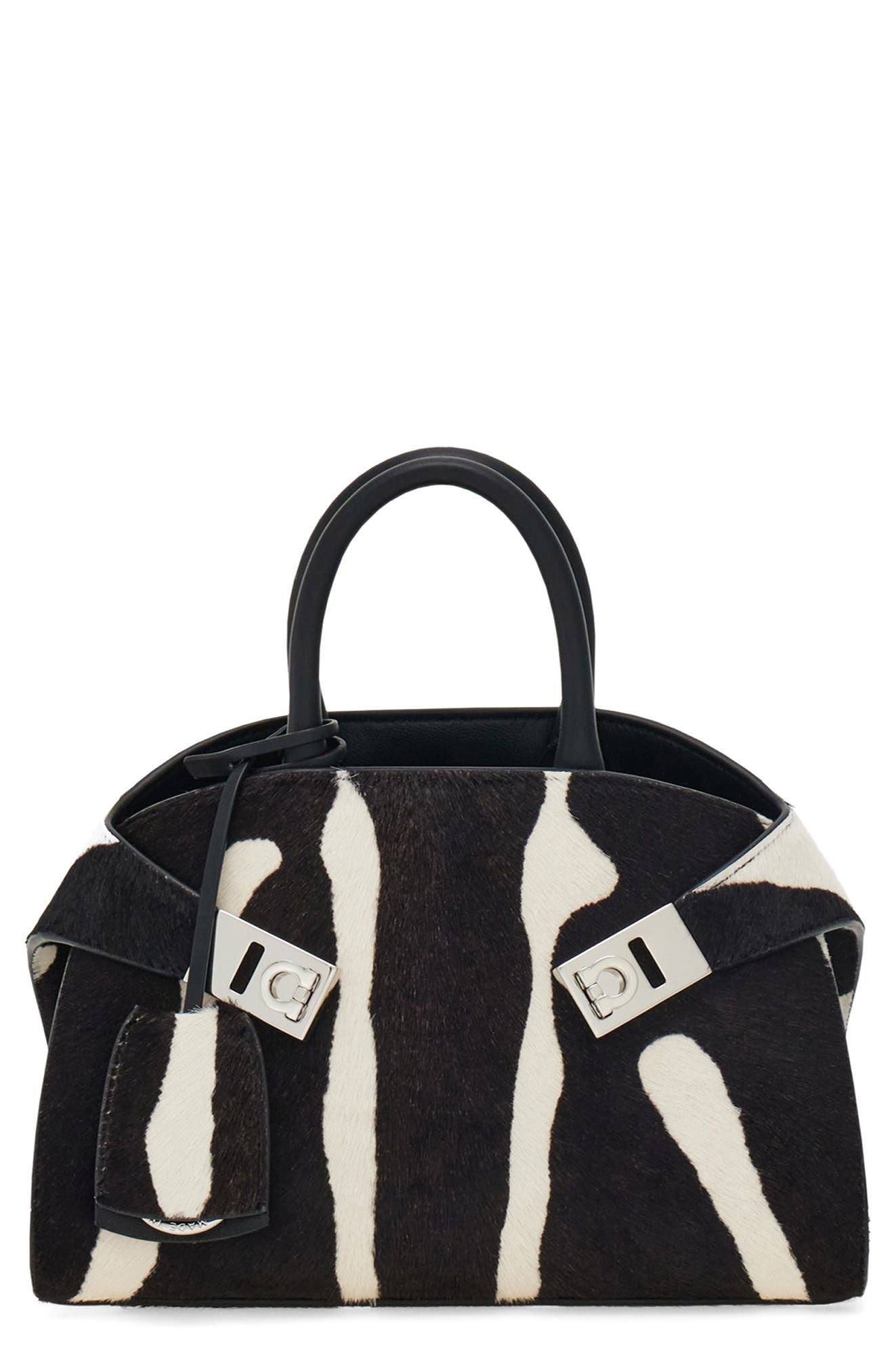 FERRAGAMO Mini Hug Genuine Calf Hair Handheld Bag, Main, color, Kasba Bianco/ Nero