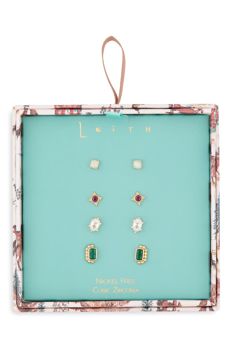 Set of 4 Cubic Zirconia Geometric Stud Earrings, Main, color, GREEN MULTI- GOLD