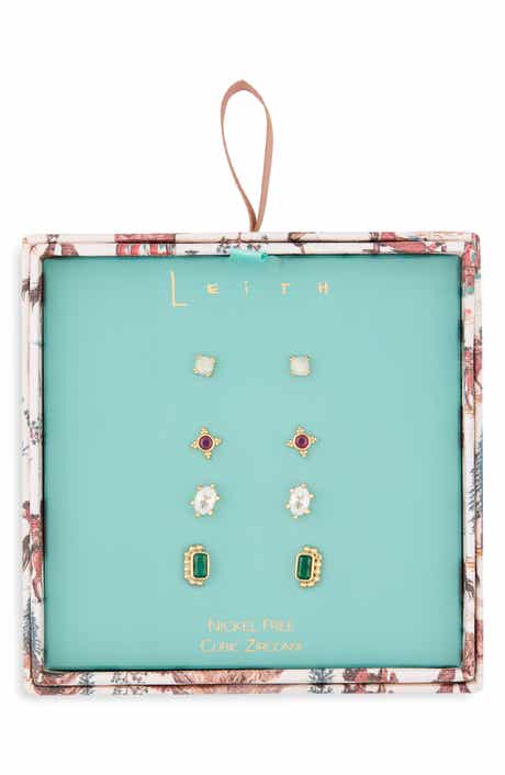 Set of 4 Cubic Zirconia Geometric Stud Earrings