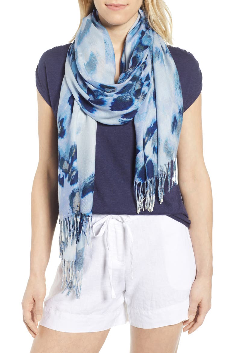 Tissue Print Wool & Cashmere Wrap Scarf, Main, color, BLUE FEATHERED CAT