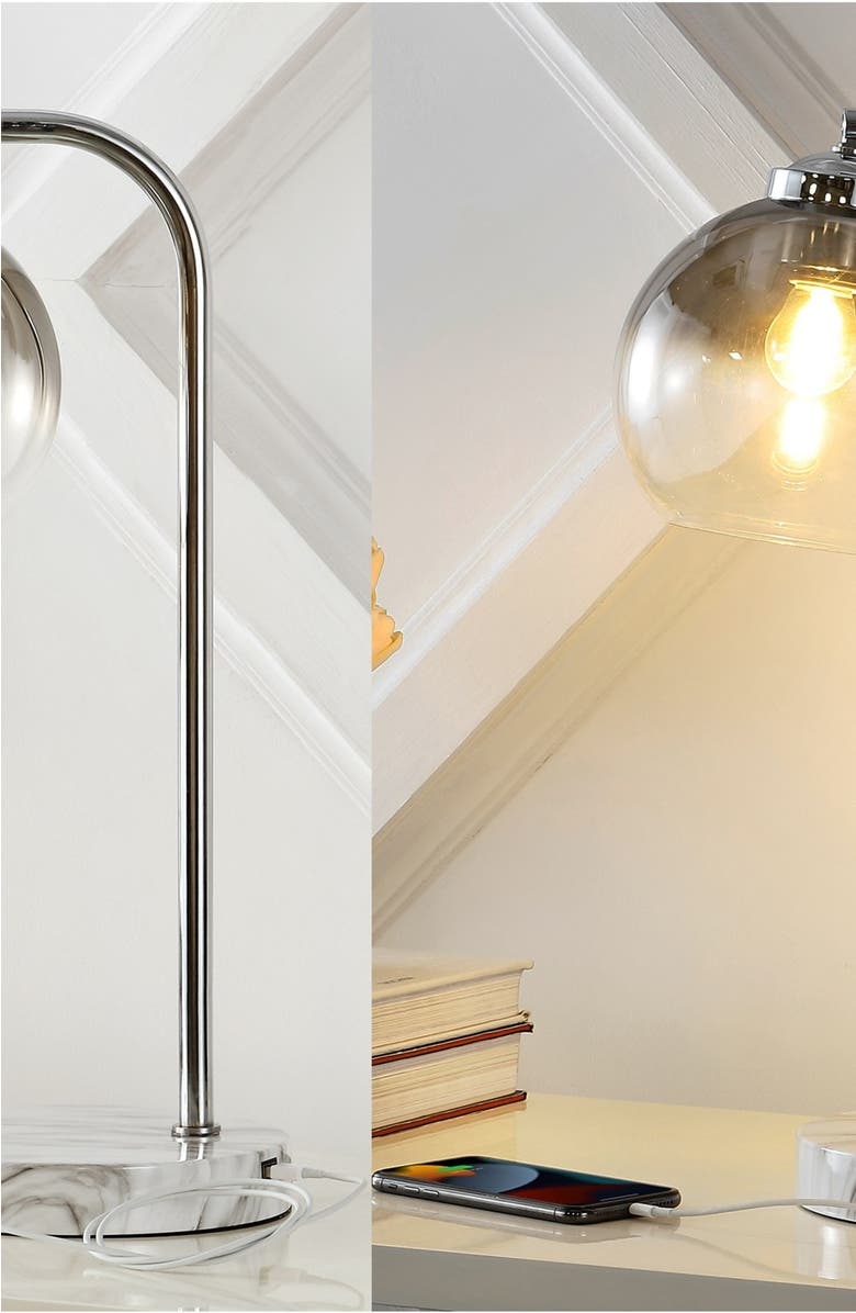 JONATHAN Y Ada 20" Industrial Contemporary Iron/Glass LED Task Lamp with USB Charging Port, Chrome/Smoke Gray, Alternate, color, Chrome