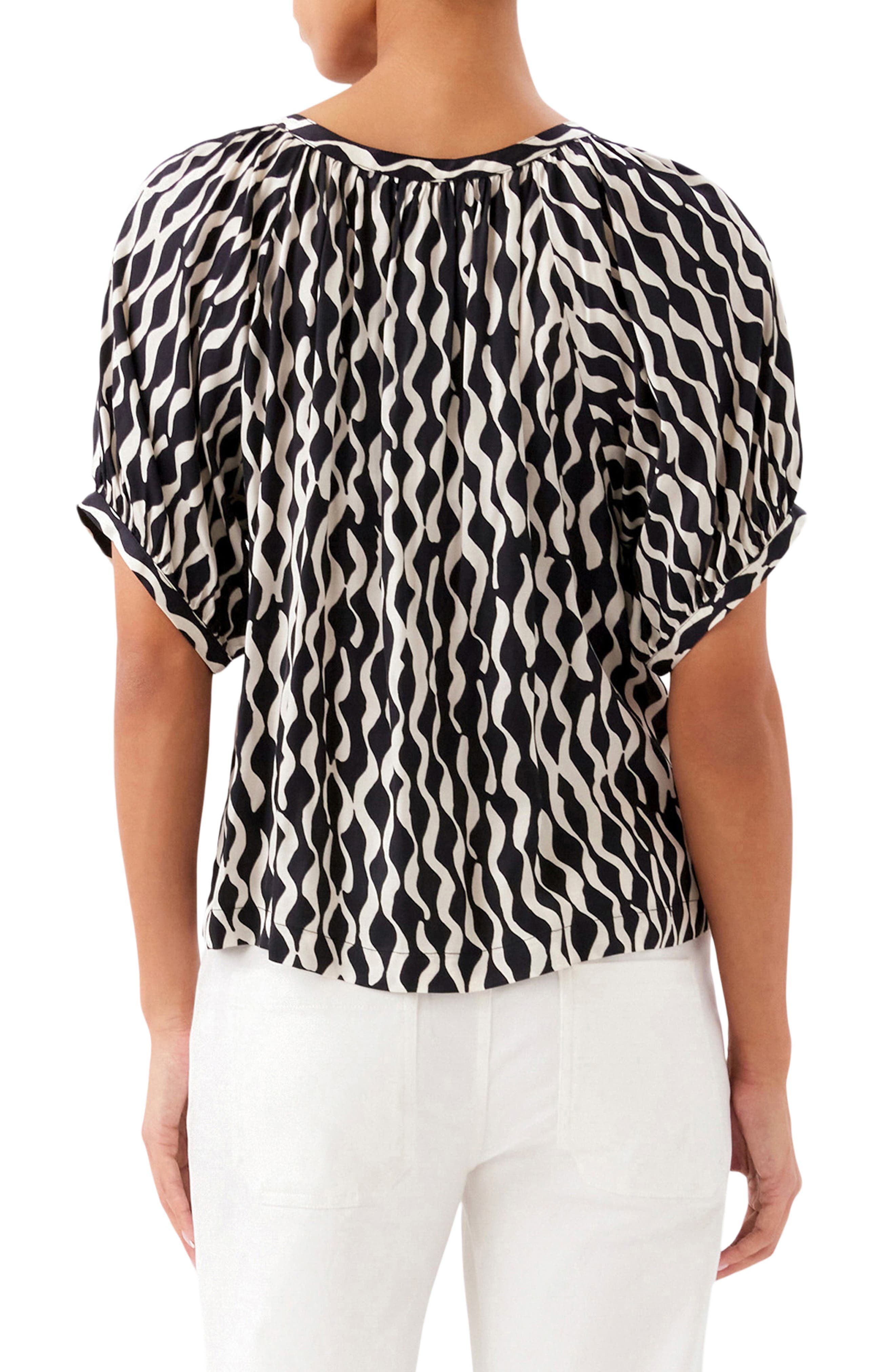 Print Satin Button-Up Peasant Top - image 2
