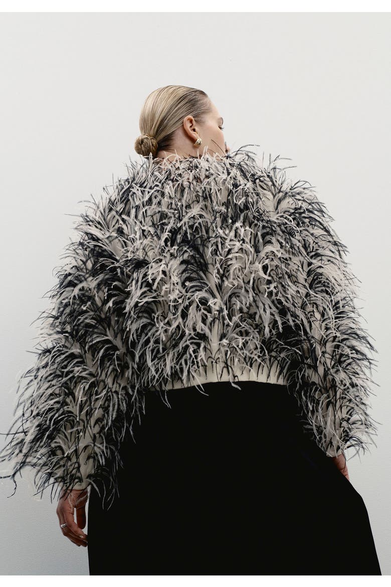 Ostrich Feather Cropped Jacket, Alternate, color, CREAM AND BLACK
