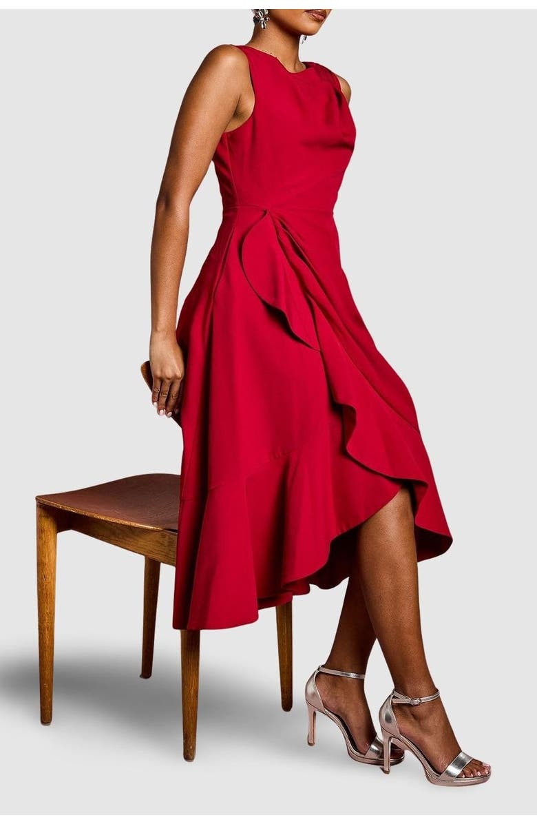 Coast Petite Crepe Ruffle Low Back Dress, Alternate, color, Berry