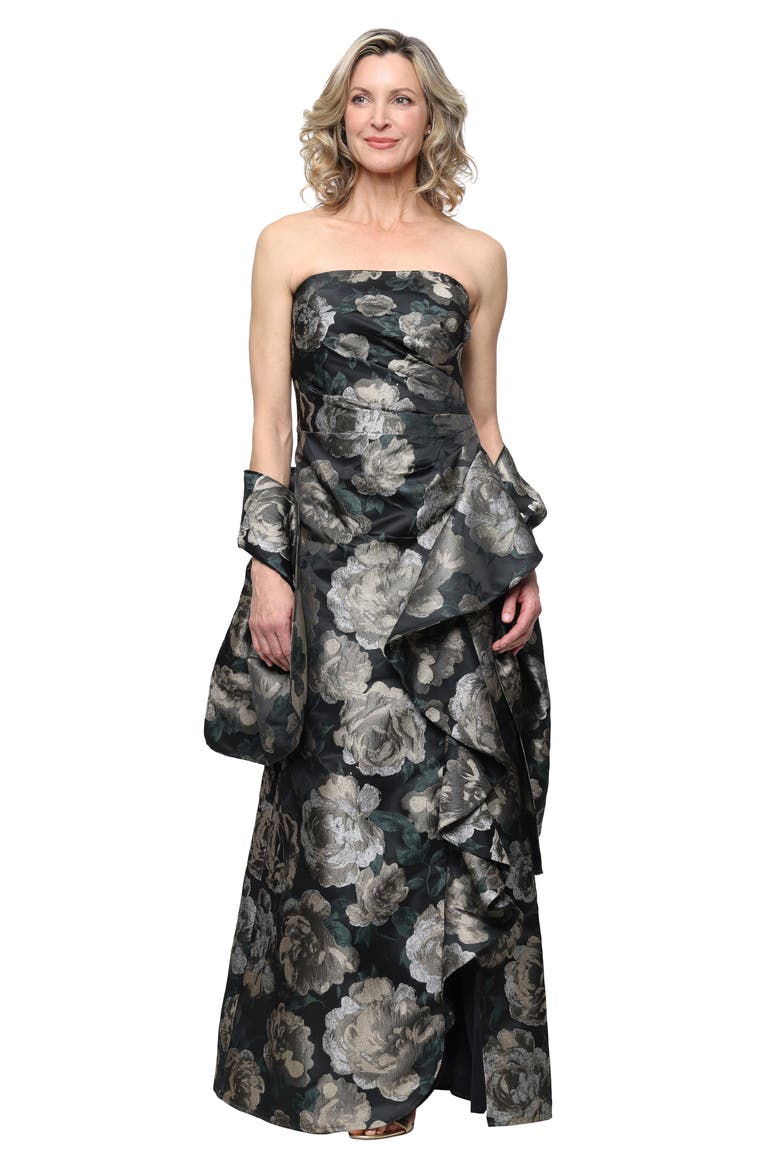 Floral Strapless Jacquard Gown, Alternate, color, BLK MULTI