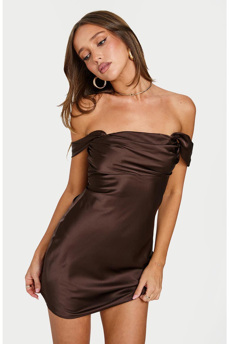 Zabbarra Off the Shoulder Satin Minidress, Alternate, color, BROWN