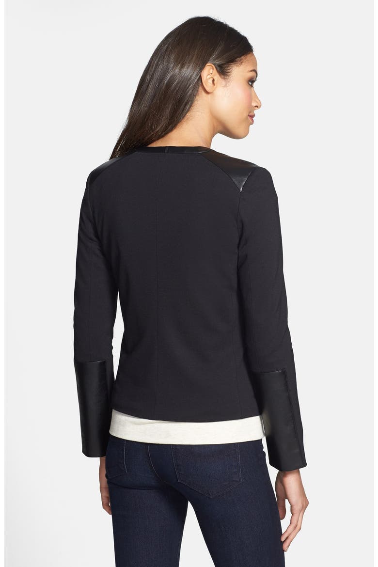 Faux Leather Trim Ponte Knit Moto Jacket, Alternate, color, BLACK