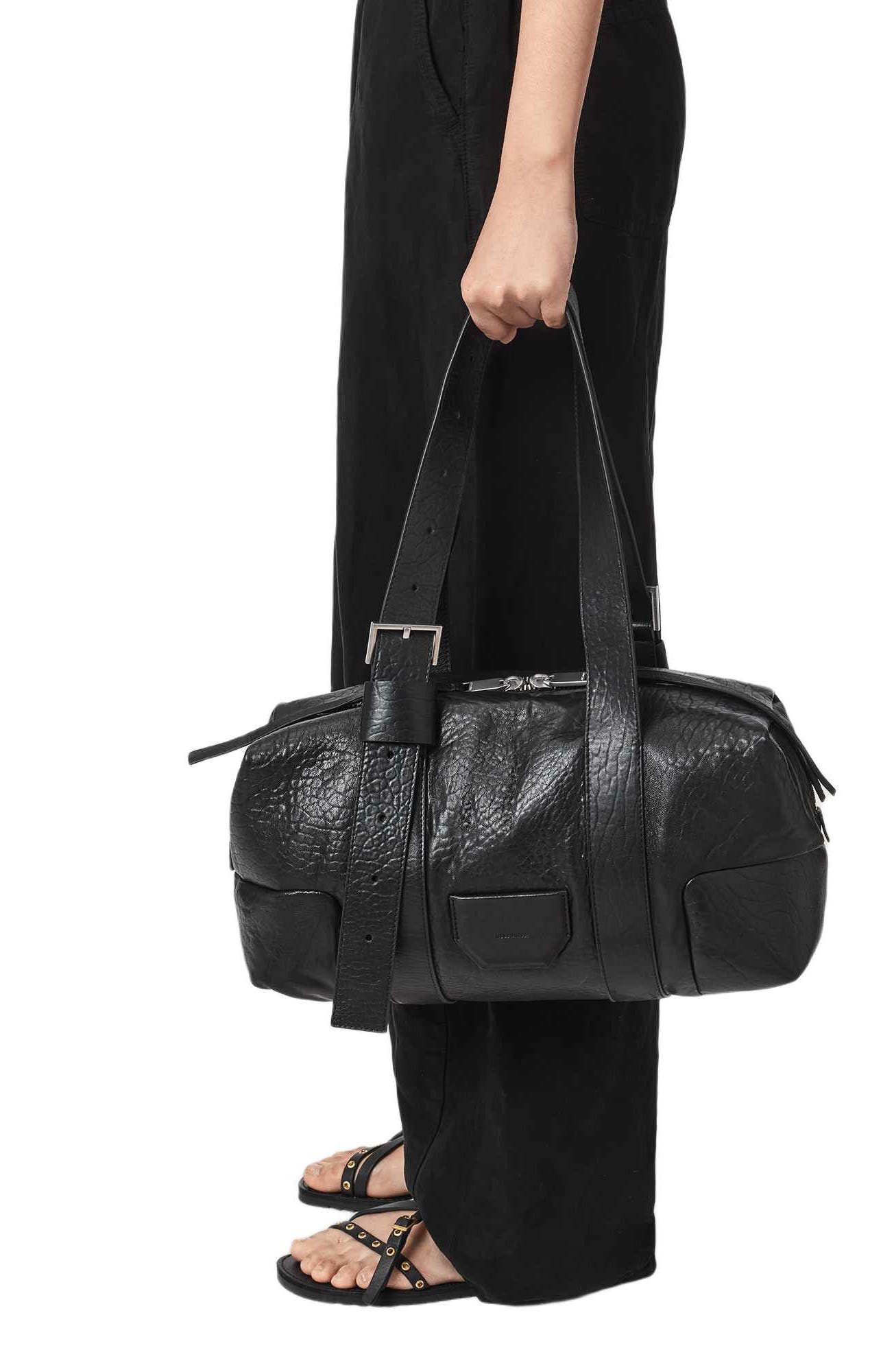 Ares Grain Leather Shoulder Bag, Alternate, color, BLACK/ SILVER