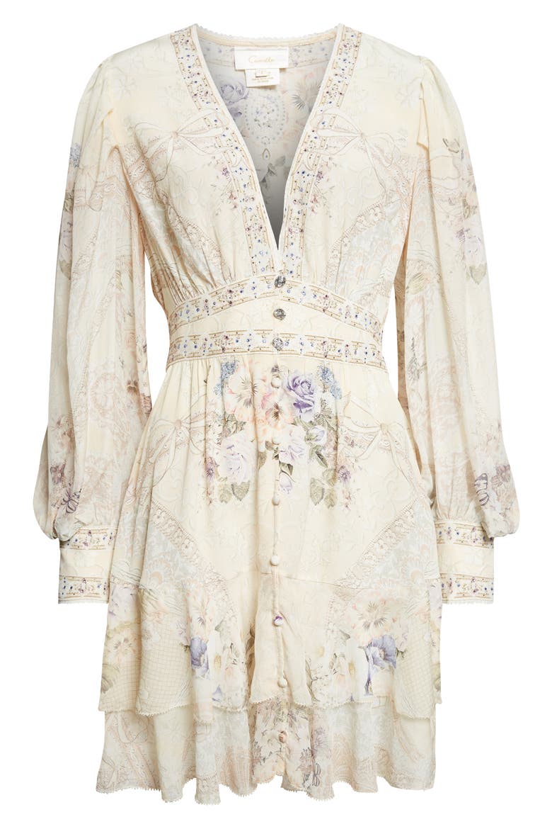 Print Long Sleeve Button Front Silk Frill Dress, Alternate, color, LACED WITH LOVE