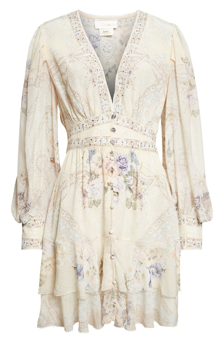 Camilla Print Long Sleeve Button Front Silk Frill Dress, Main, color, Laced With Love