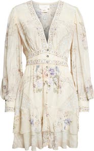 Camilla Print Long Sleeve Button Front Silk Frill Dress