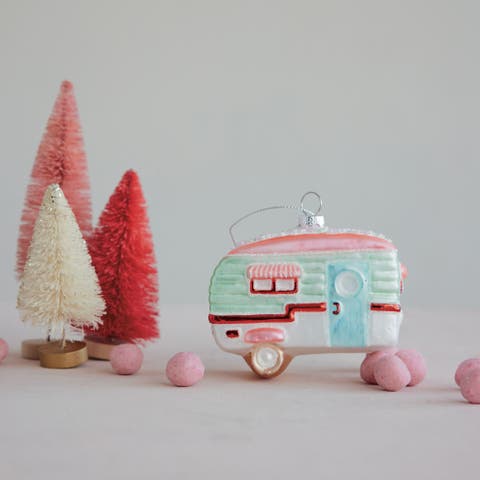 Whimsical Glass Camper Ornament with Glitter & Beads