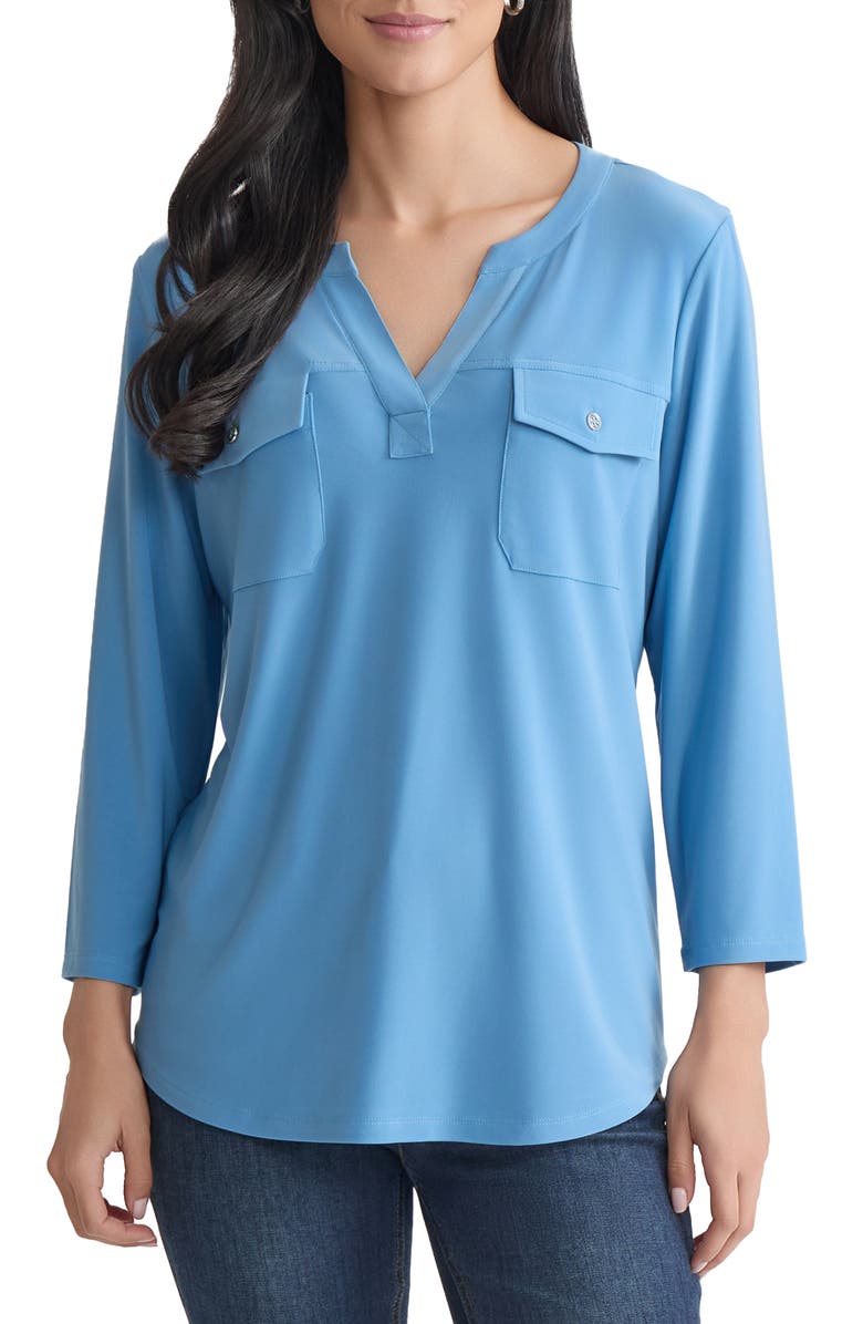Jones New York Patch Pocket Crepe Popover Top, Main, color, Blue Lagoon