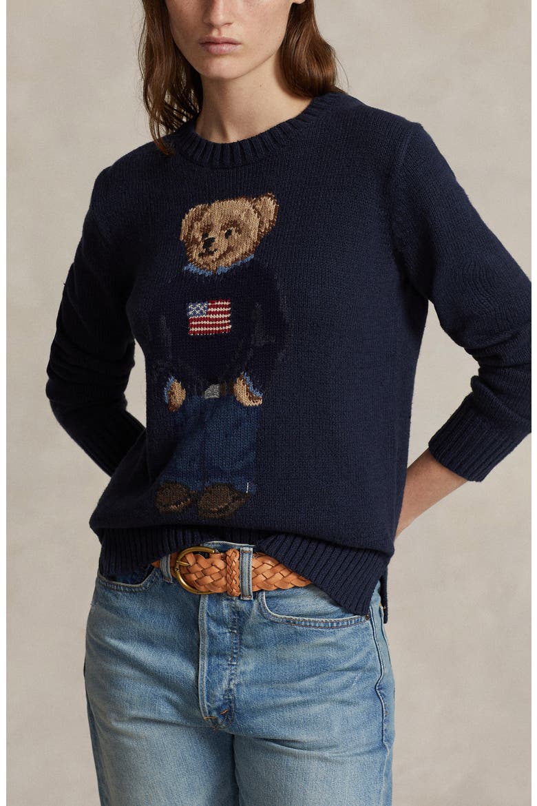 Bear Graphic Cotton & Linen Crewneck Sweater, Alternate, color, NAVY MULTI