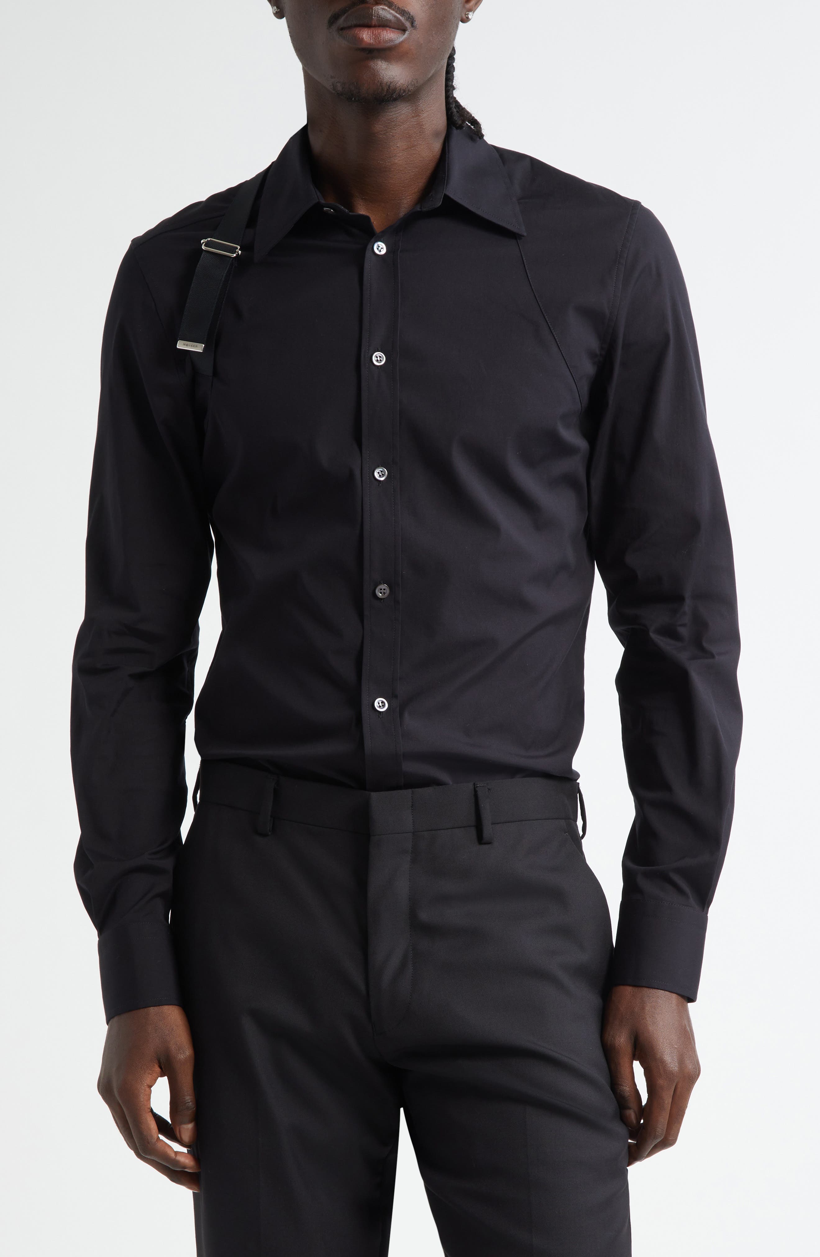 harness dress shirt McQueen Men's Logo Stretch Cotton Tape Harness Shirt - Black Silver