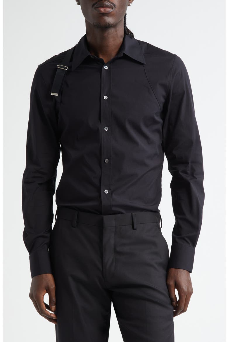 Logo Tape Harness Stretch Cotton Button-Up Shirt, Main, color, BLACK