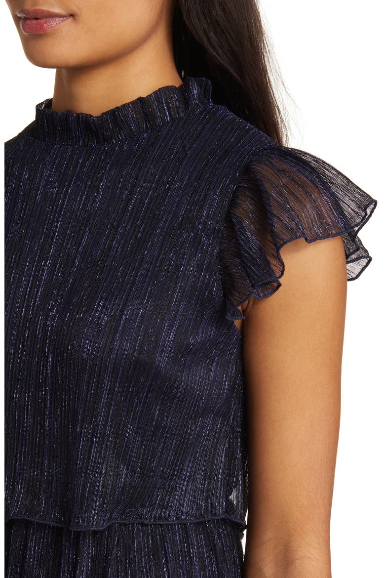 Crinkle Tiered Metallic Flutter Sleeve Dress, Alternate, color, NAVY