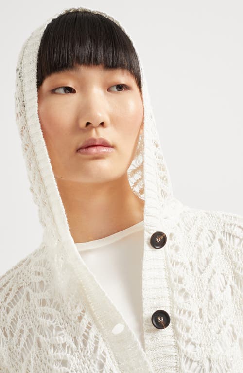 Brunello Cucinelli Foliage Lace Hooded Cardigan In Linen And Silk Diamond Yarn In White