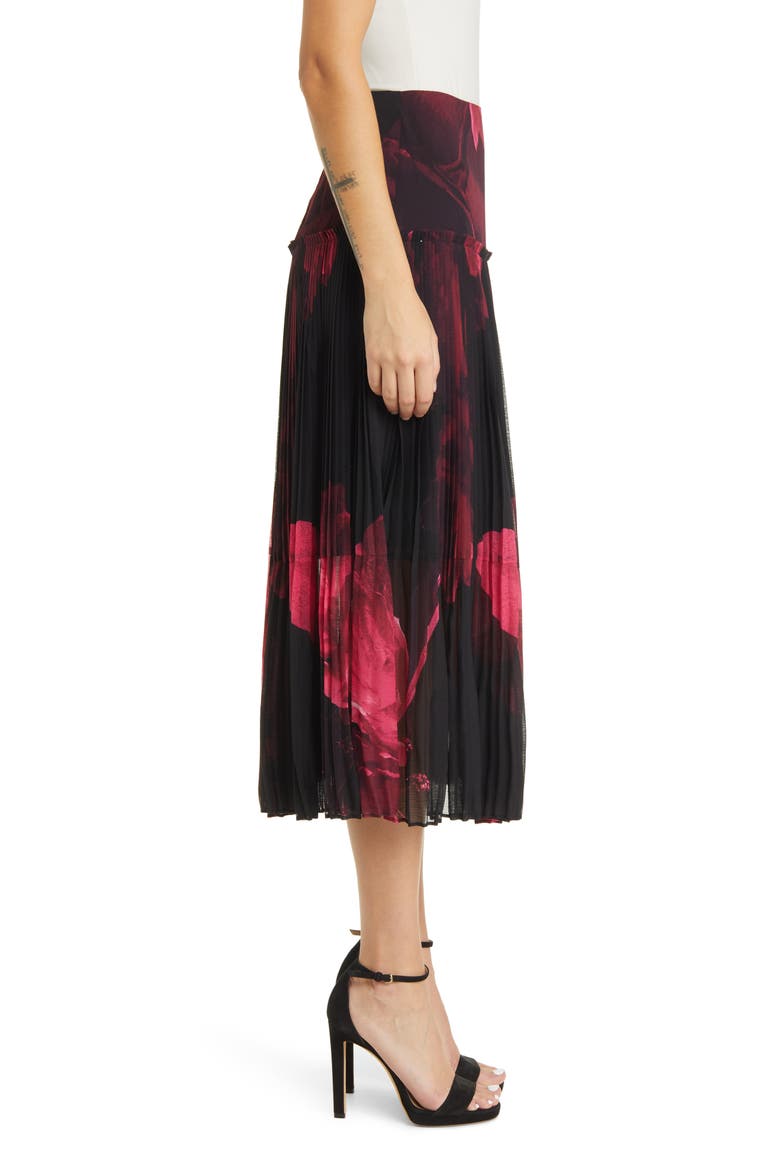 Raychi Floral Pleated Midi Skirt, Alternate, color, BLACK/ RED