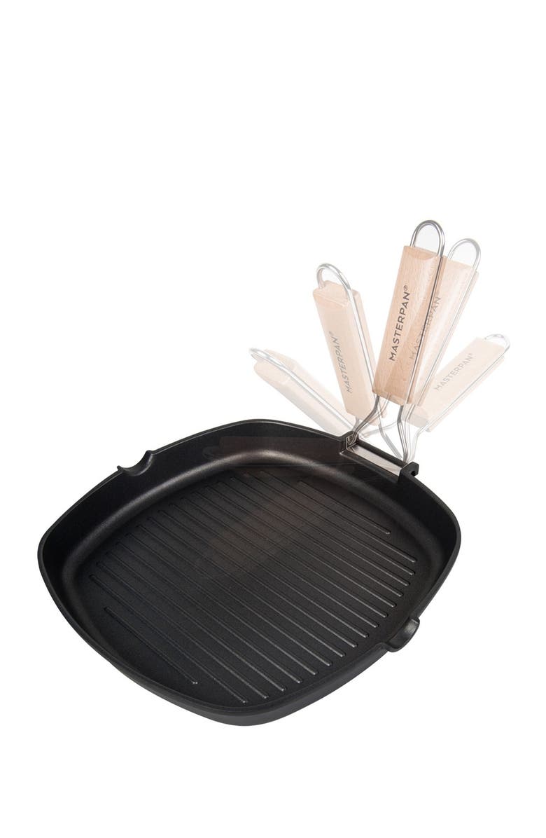 MASTERPAN Black Non-Stick 8" Grill Pan with Folding Wooden Handle, Main, color,