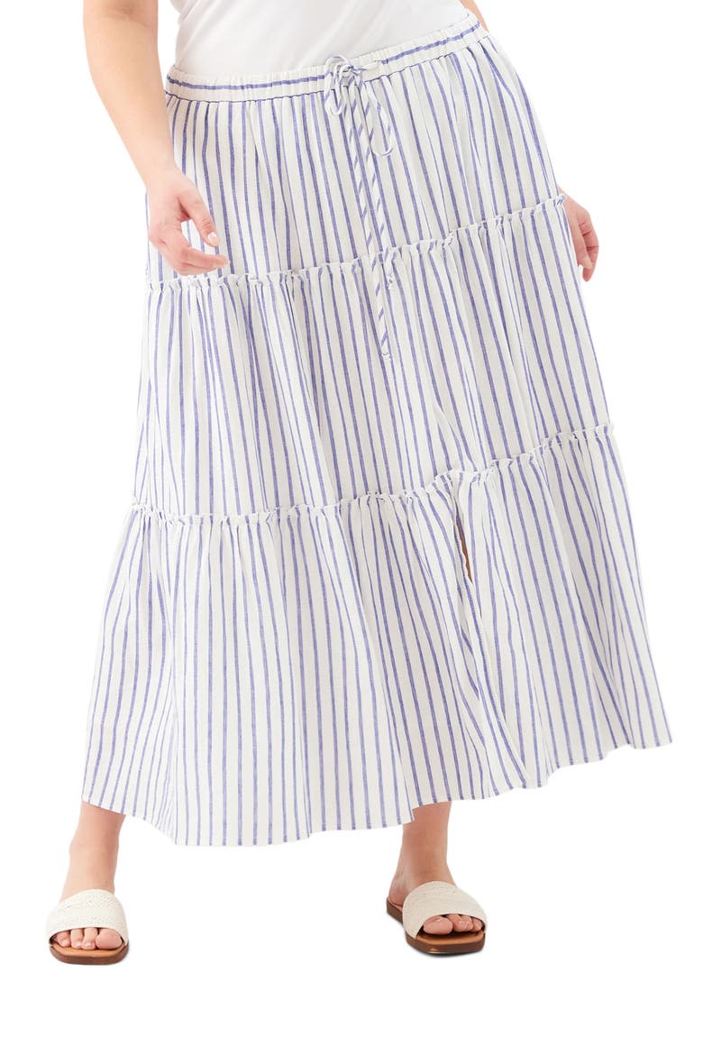 Tiered Stripe Linen Blend Midi Skirt, Main, color, BLUE/WHITE