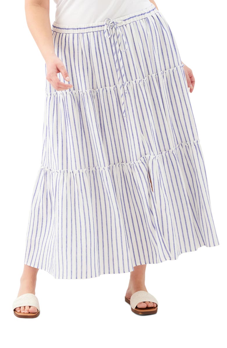 Karen Kane Tiered Stripe Linen Blend Midi Skirt, Main, color, Blue/White