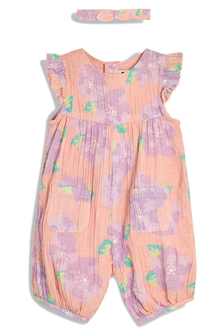Tropical Floral Cotton Romper & Headband Set, Main, color, CORAL