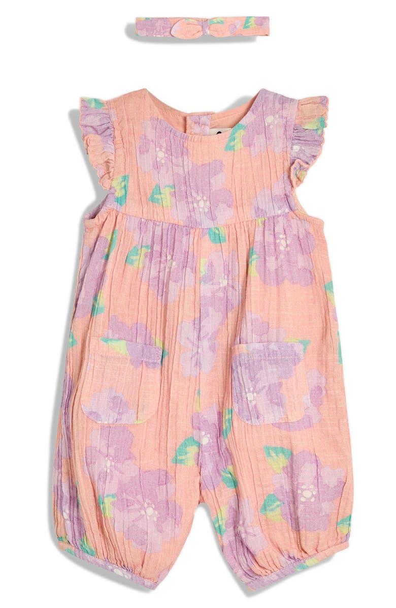 JOJO MAMAN BEBE Tropical Floral Cotton Romper & Headband Set, Main, color, Coral