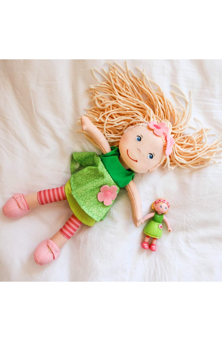 HABA 12" Soft Doll Mali with Blonde Hair and Blue Eyes, Soft Toddler Baby Dolls with Embroidered Face, Machine Washable Toddler Girl Toys for 18 mo+, Alternate, color, Green Multi