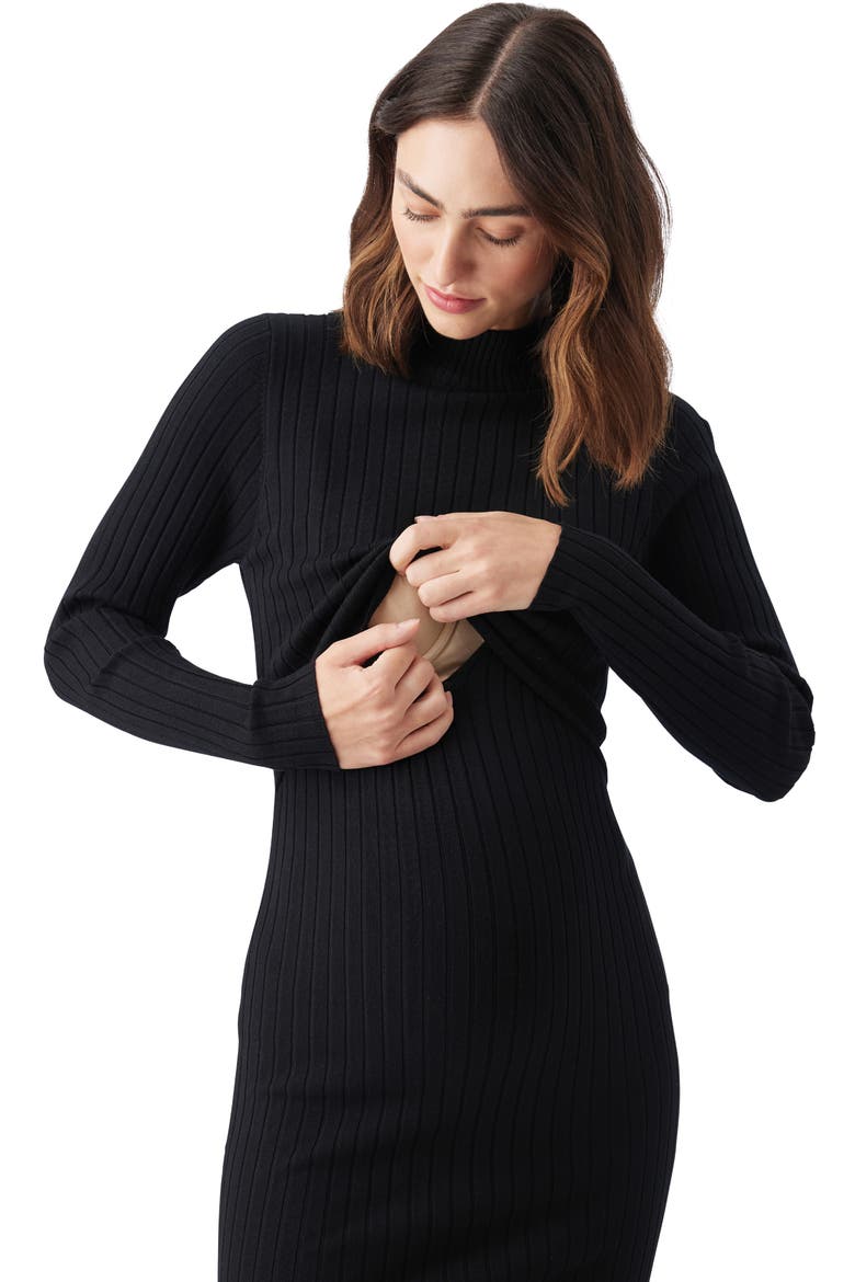 Nella Knit Ribbed Maternity and Nursing Midi Dress, Alternate, color, Black